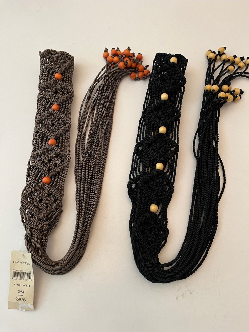 2 Macrame Beaded Belts, size S/M by Coldwater Creek, black and brown